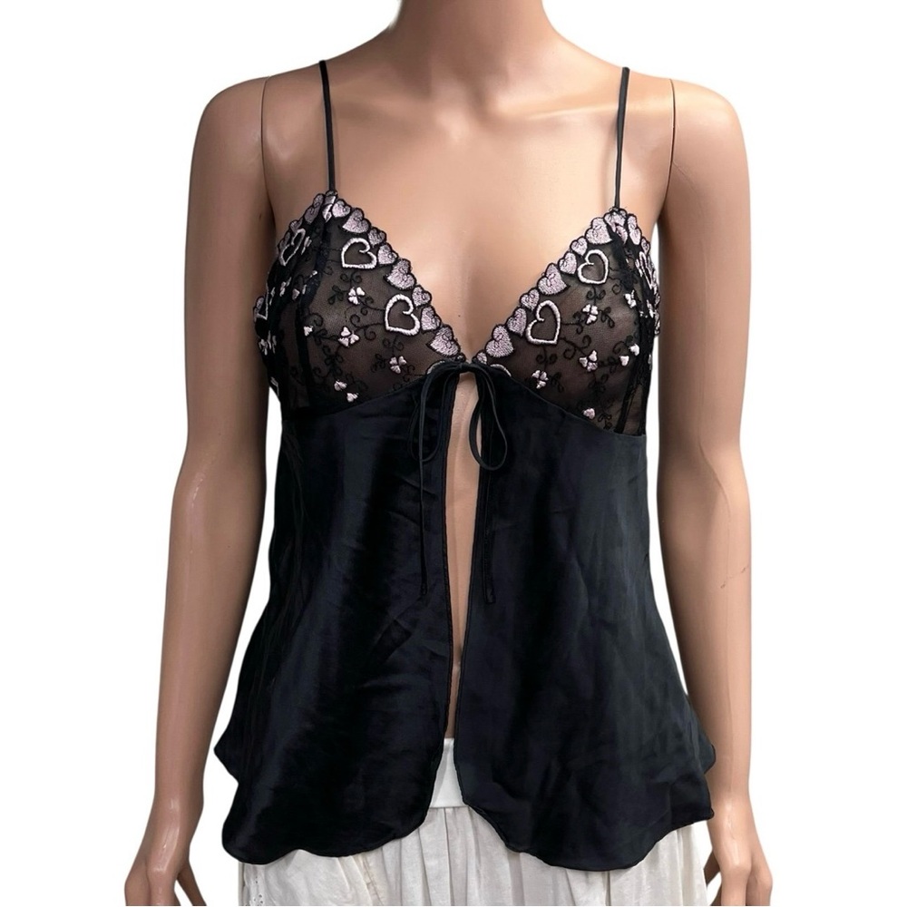 Magic Silk | Y2K 100% Silk Sheer Heart Embroidered Tie Front Lingerie Top